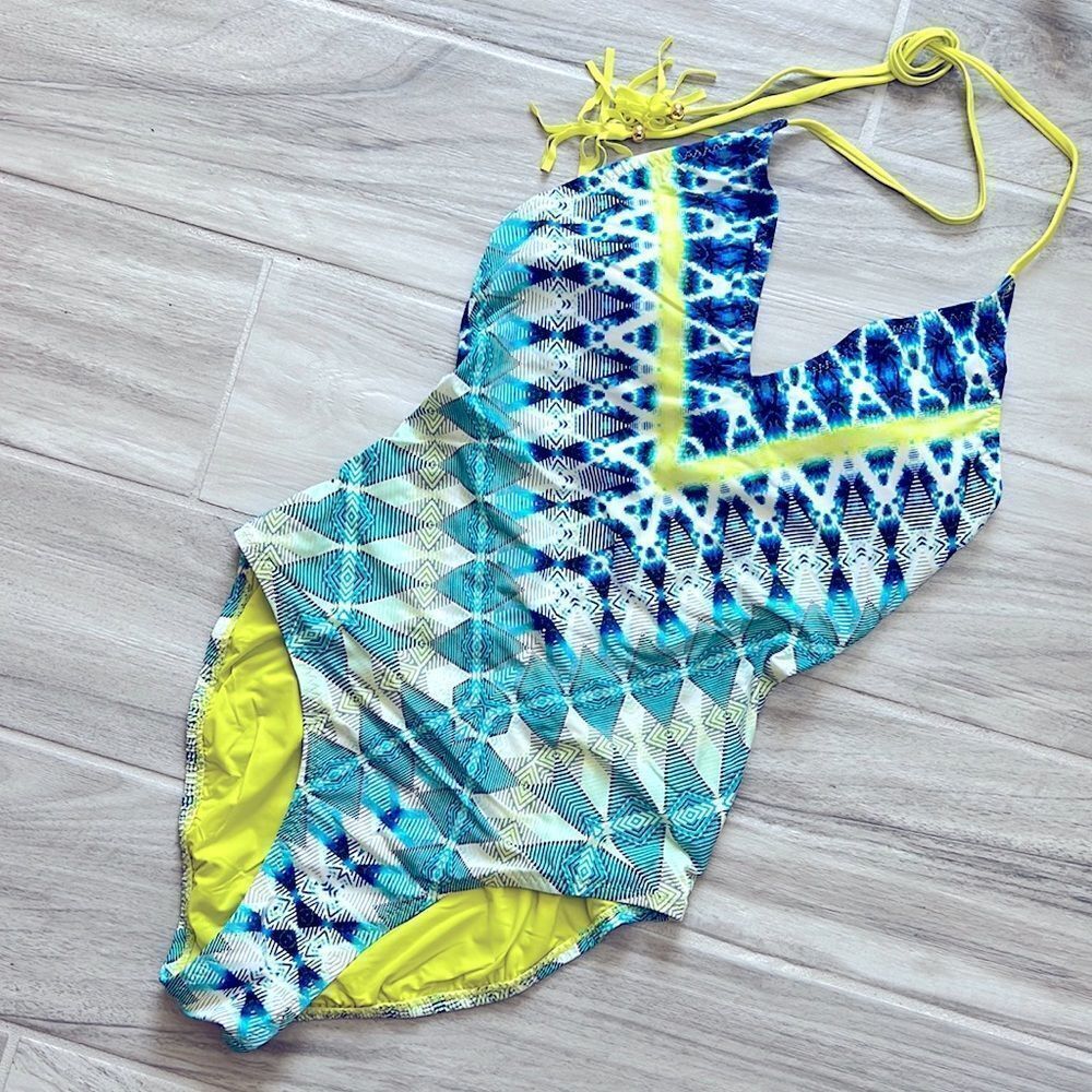 Red Carter One Piece Bikini Neon Yellow With Lace Up Fringe Ties Medium